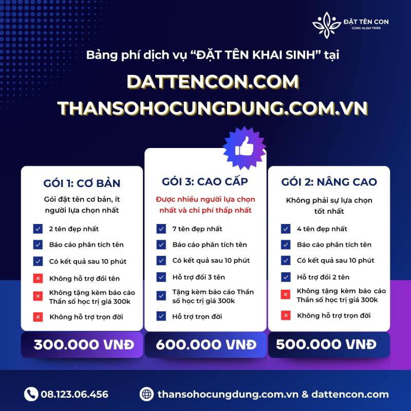 Bảng phí dịch vụ tại dattencon.com